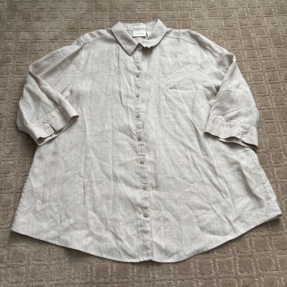 Chicos 100% Linen Tunic Shirt Womens 3 / XL Petite Beige Travel Vacation Relaxed
